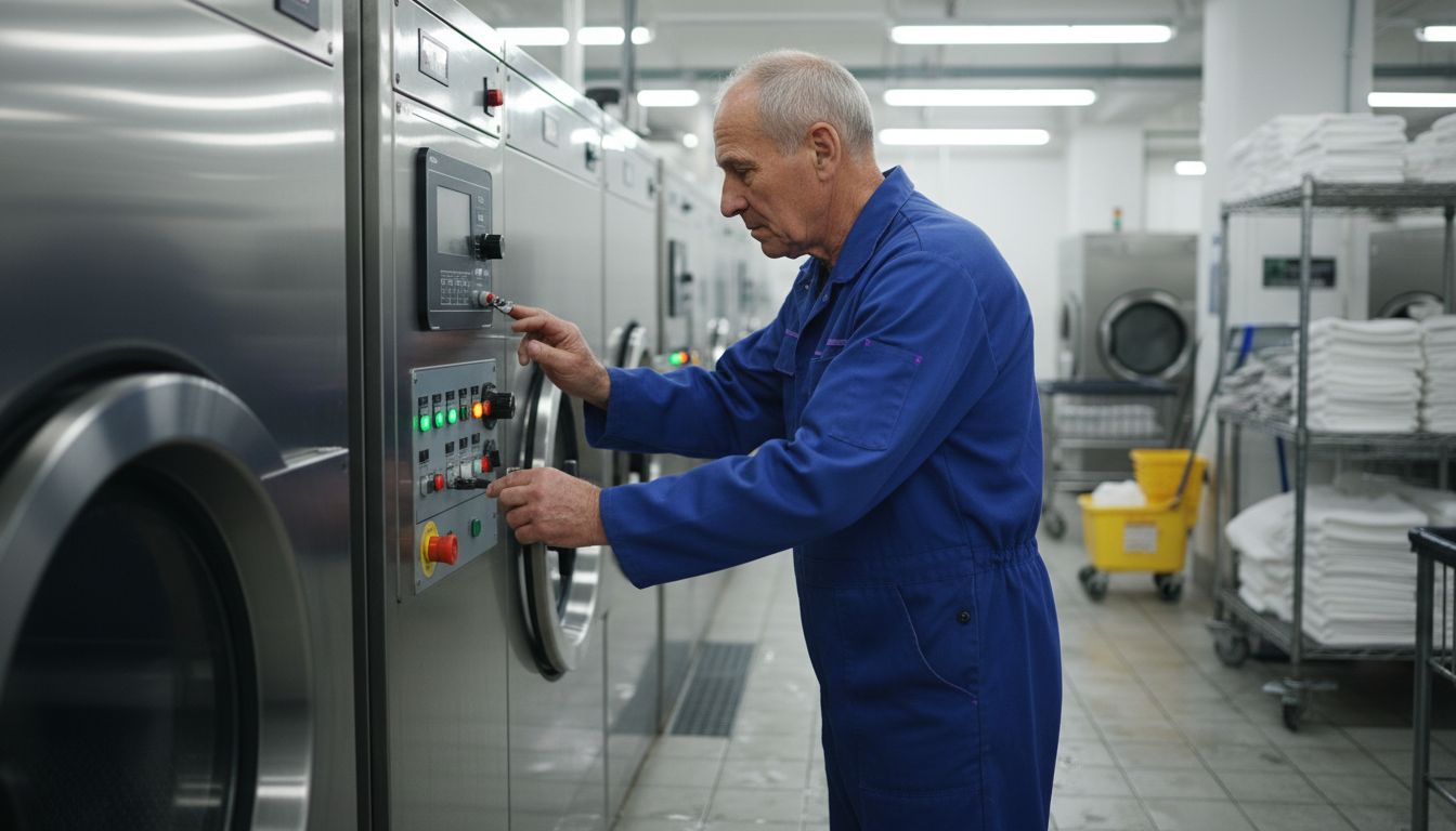 Technician operates commercial laundry machines