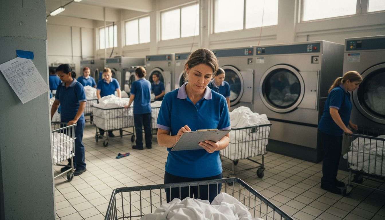 Manager overseeing workflow in busy commercial laundry