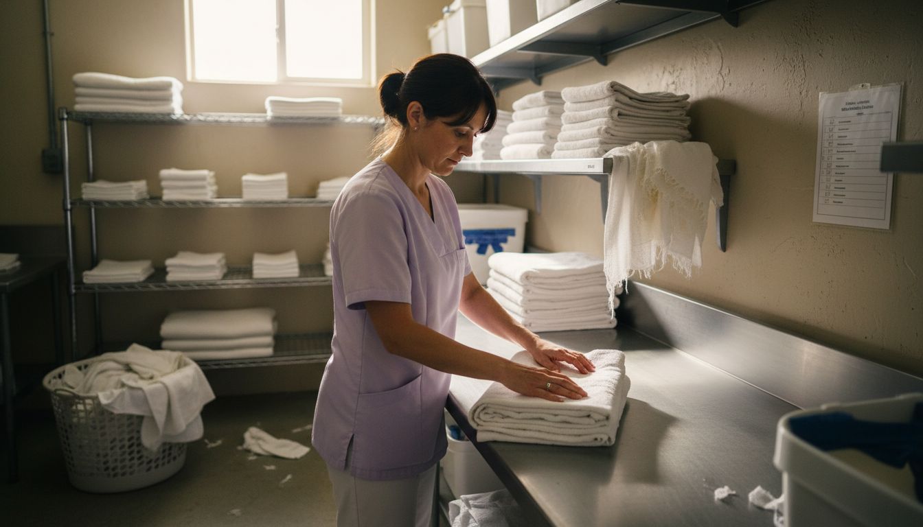 Spa worker folding towels in laundry area
