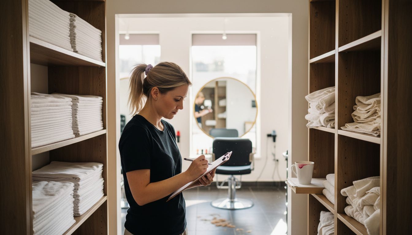 Salon manager checking towel inventory