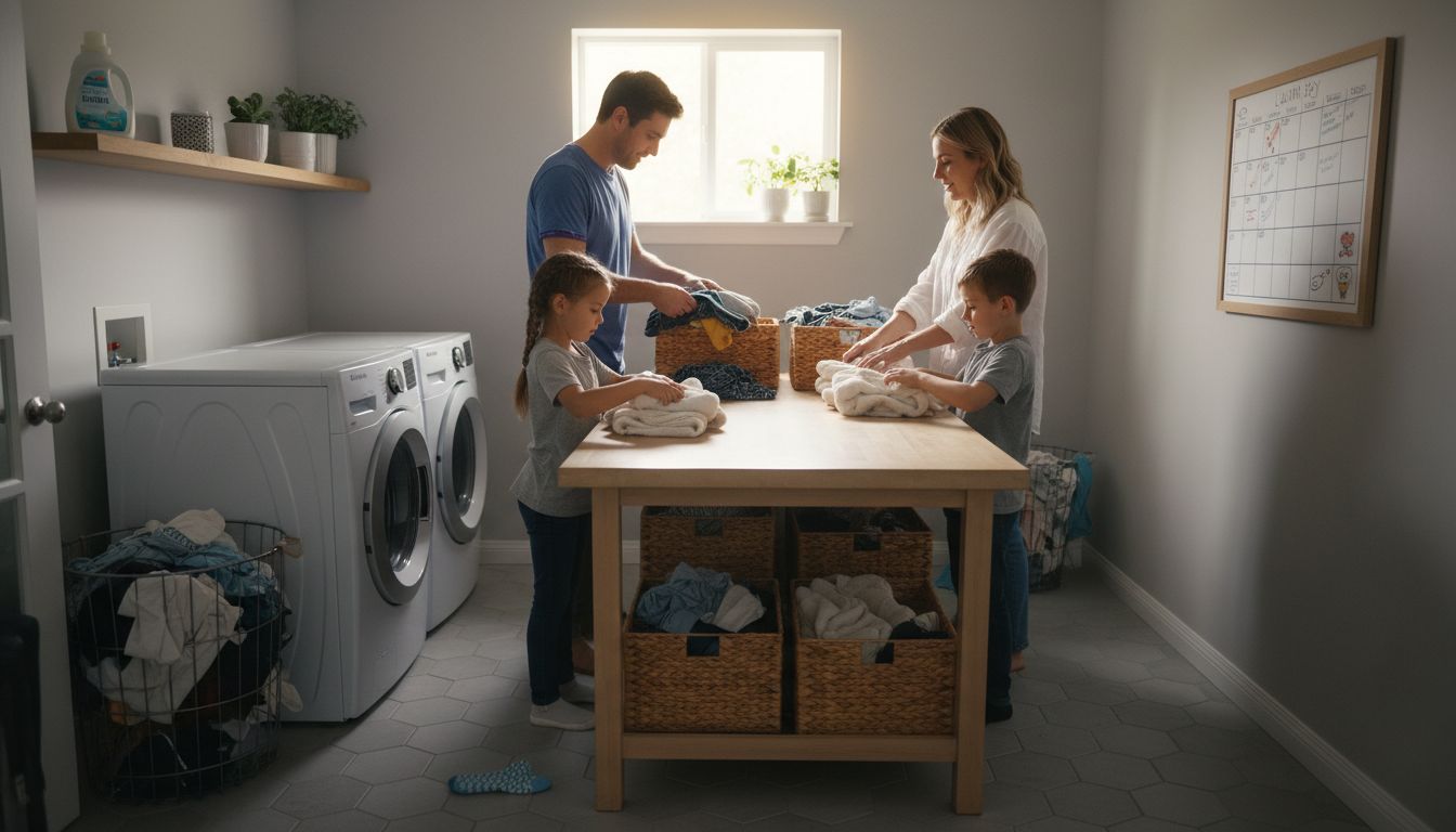 Family sorting laundry in bright home room