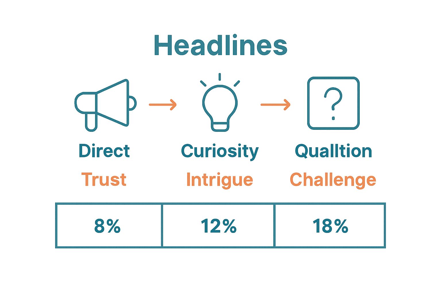 Infographic comparing direct, curiosity, and question headlines with triggers and click rates
