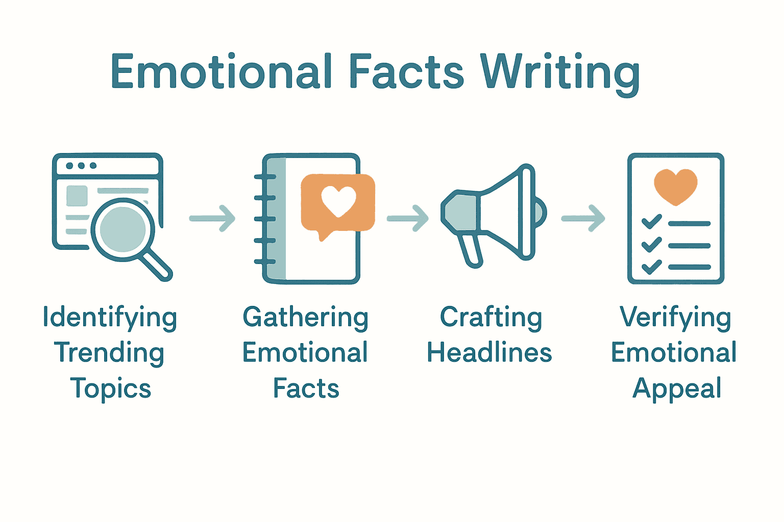 Infographic of the sensational story creation process with five icons linked by arrows.