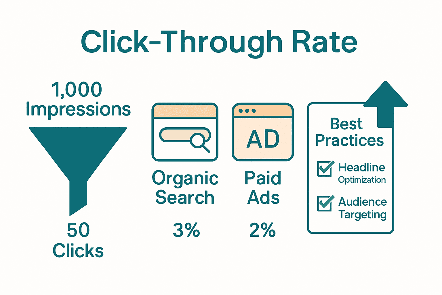 Infographic with CTR calculation funnel, types of click-through icons, and optimization checklist.