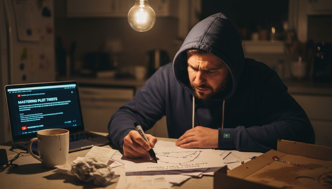 Man outlining dramatic story arc on paper