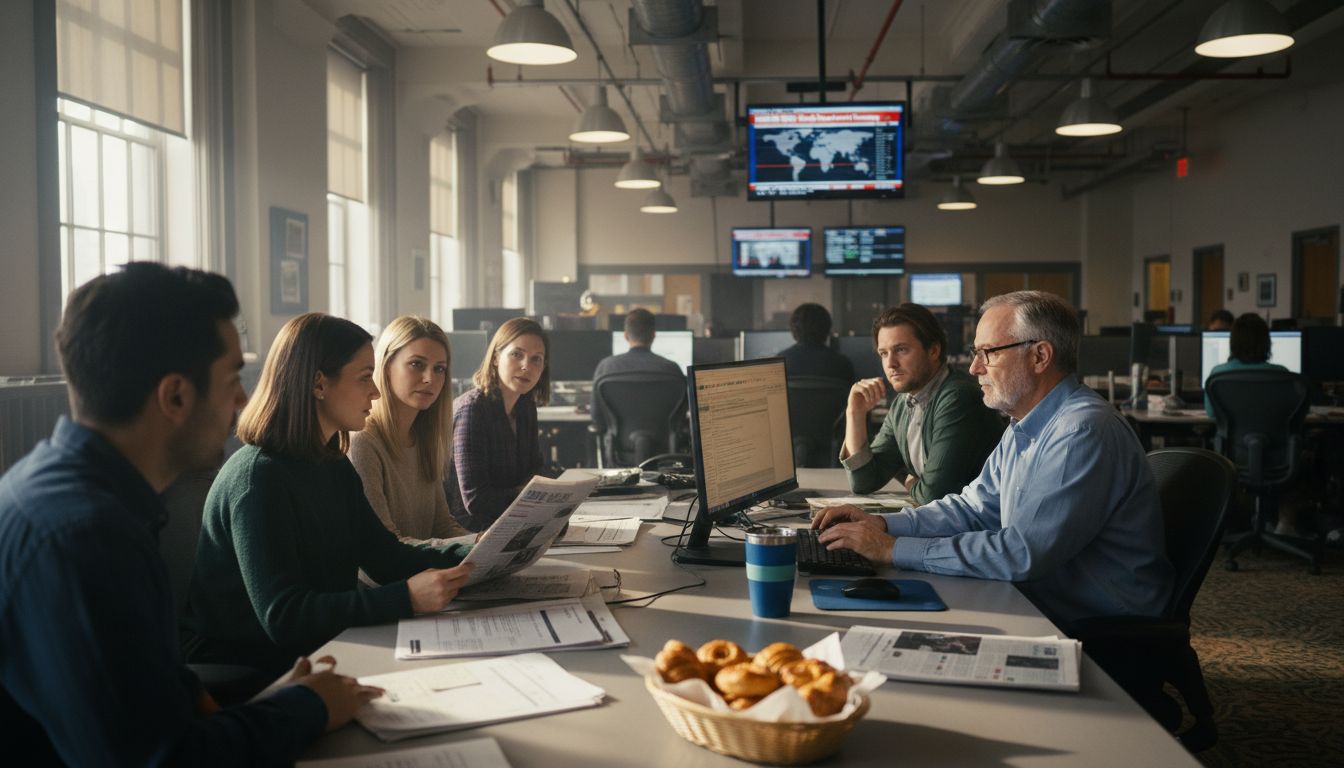 Journalists debating news impact in newsroom