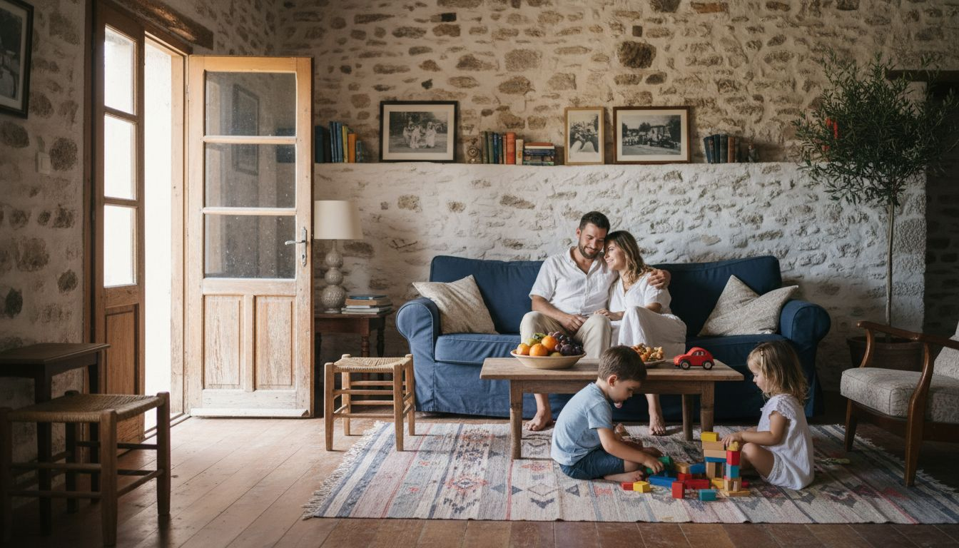 Family relaxing in spacious Halkidiki rental living room