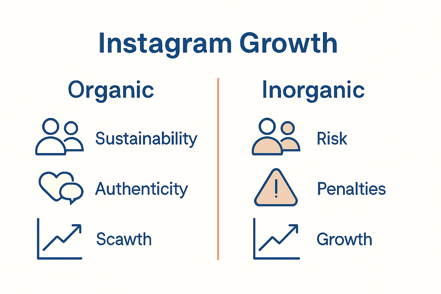 Infographic comparing organic and inorganic Instagram growth strategies with icons and simple chart.