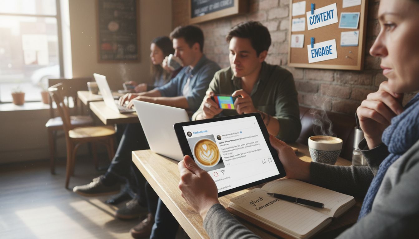 Creator studies Instagram growth terms in cafe