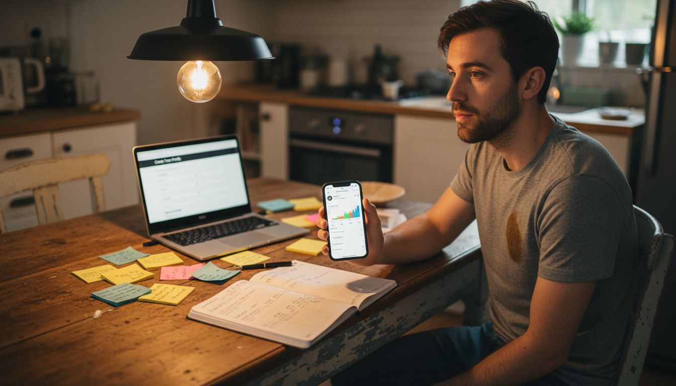 Man planning Instagram profile at kitchen table