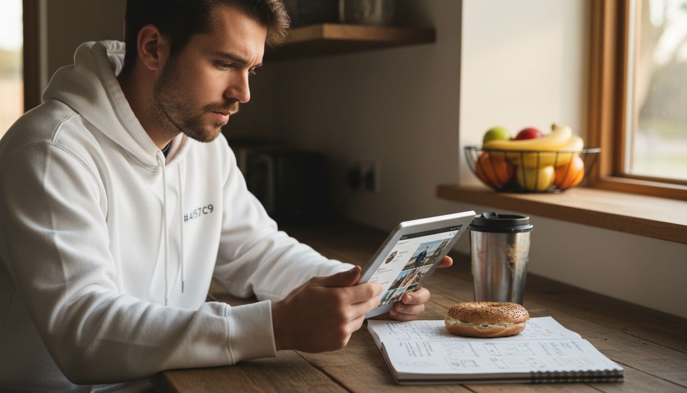 Man optimizing Instagram bio at kitchen