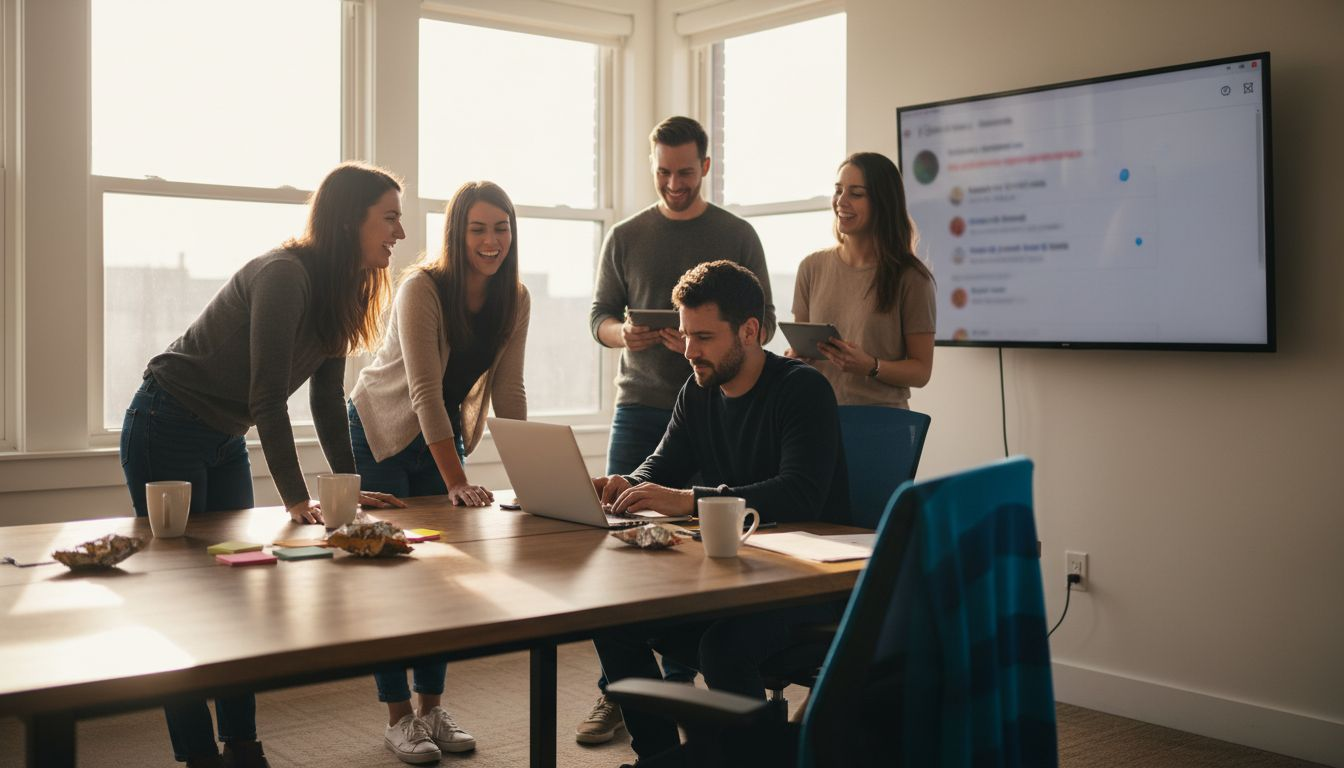 Coworkers engage with Instagram audience at workplace