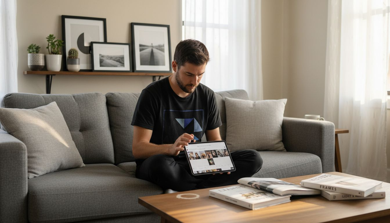 Content creator edits Instagram post at home