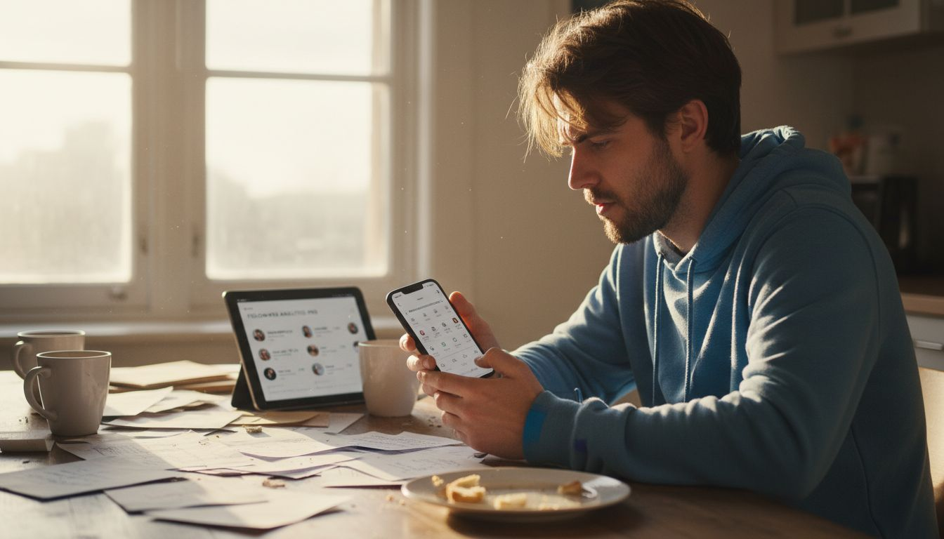 Man uses Instagram followers app at kitchen table