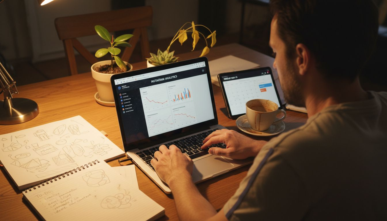 Man reviewing Instagram analytics at dining table