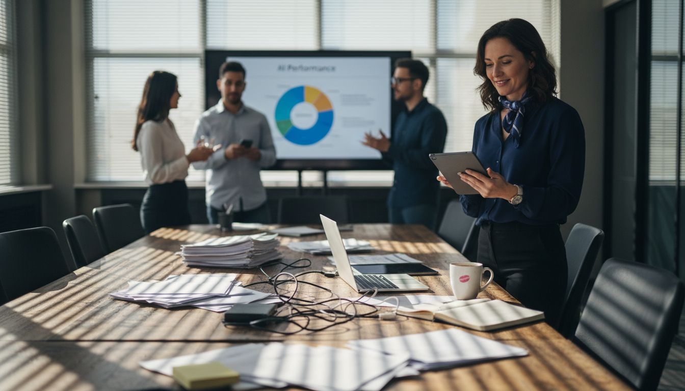 Analyst using AI Instagram tools in meeting