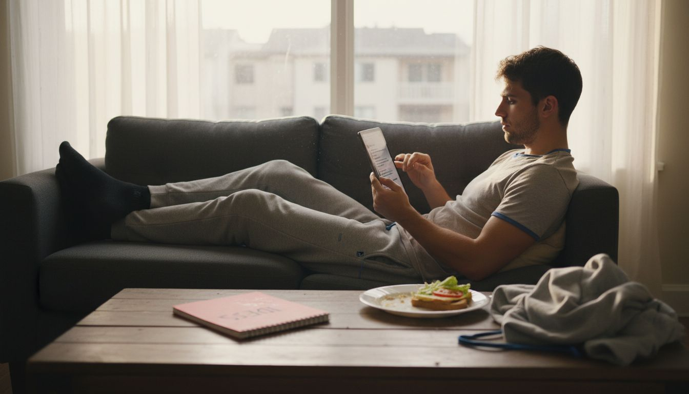 Man replying Instagram comments on sofa