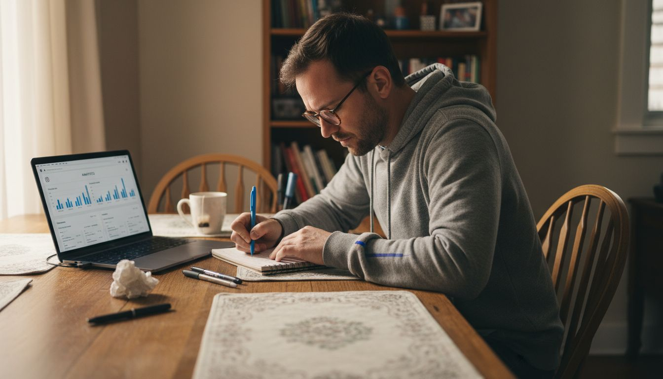 Man tracking Instagram engagement metrics at table