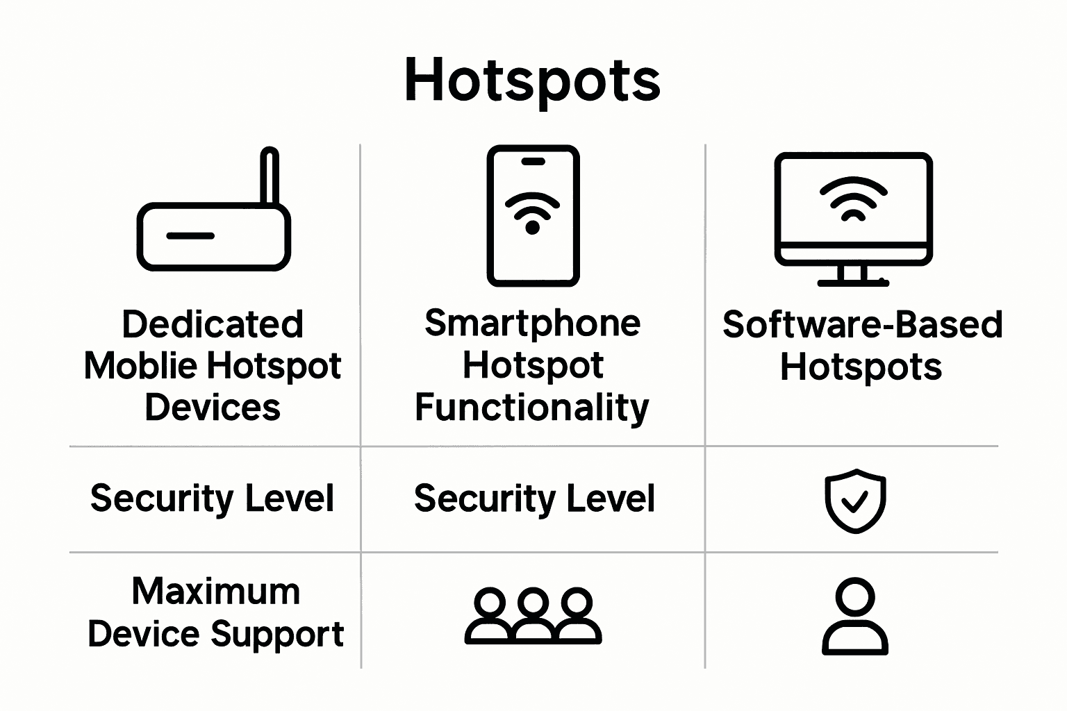 Infographic comparing dedicated mobile hotspots, smartphone hotspots, and software hotspots by security and device support.