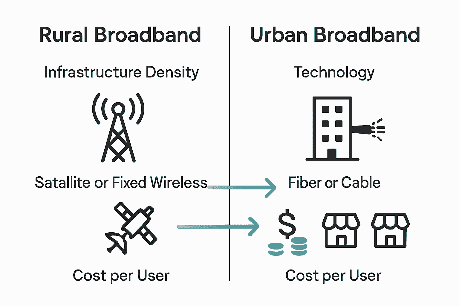 Infographic comparing rural and urban broadband infrastructure and cost.