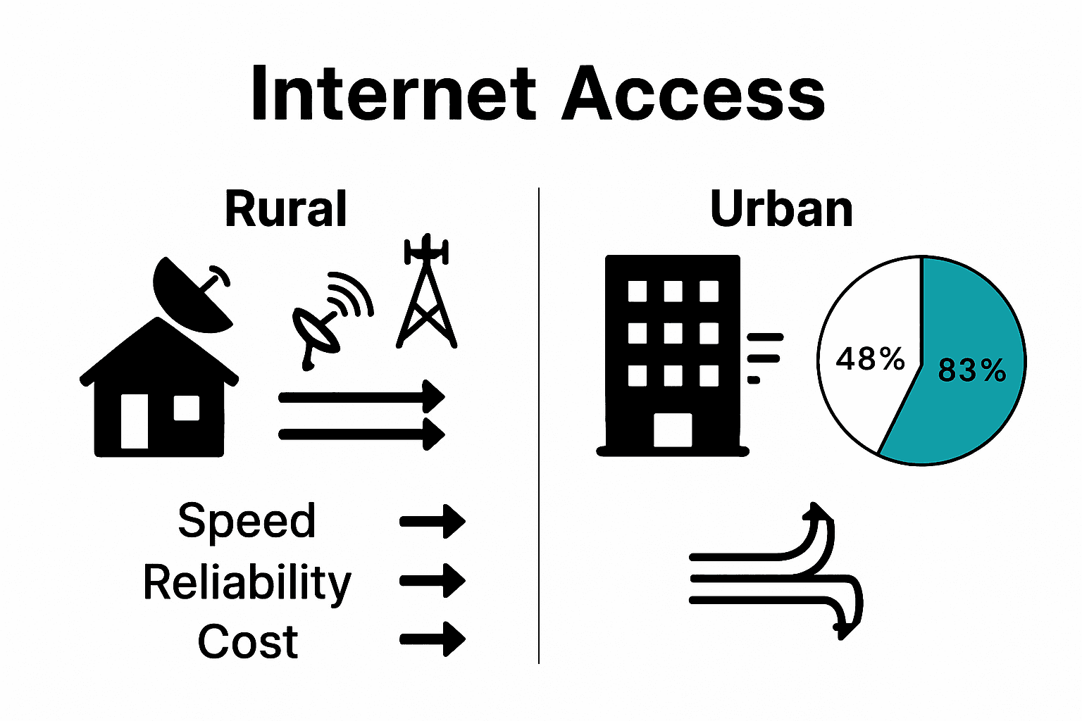 Infographic comparing rural and urban internet features and access rates.