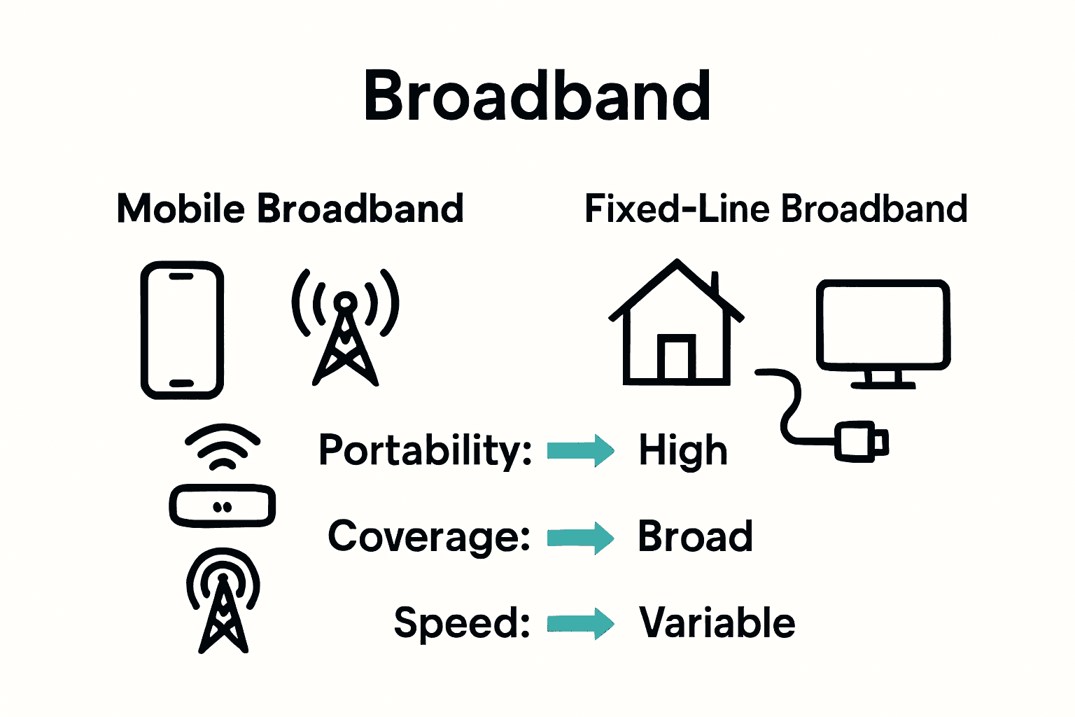 Infographic comparing mobile broadband and fixed-line broadband features and benefits.