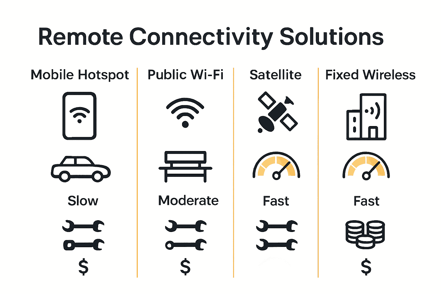 Infographic comparing remote internet connectivity options for professionals.