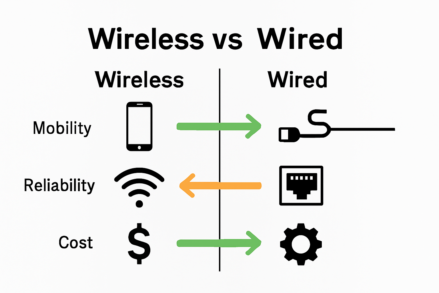 Infographic comparing wireless and wired internet mobility, reliability, and cost.