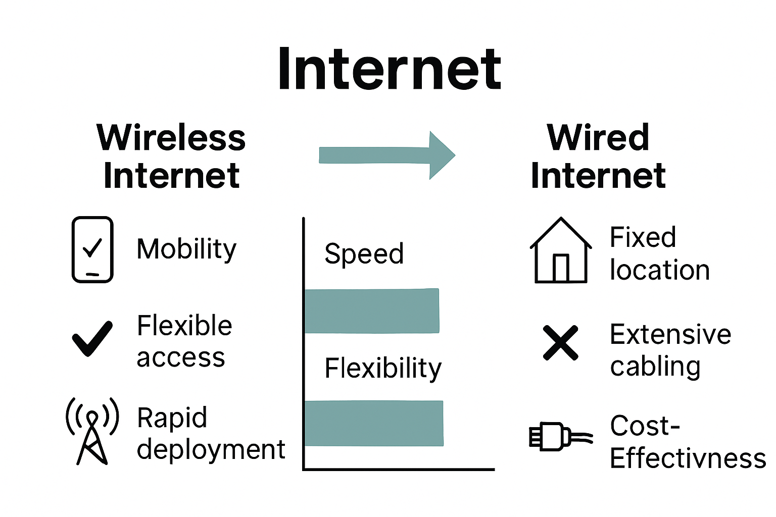 Infographic comparing key benefits of wireless and wired internet.