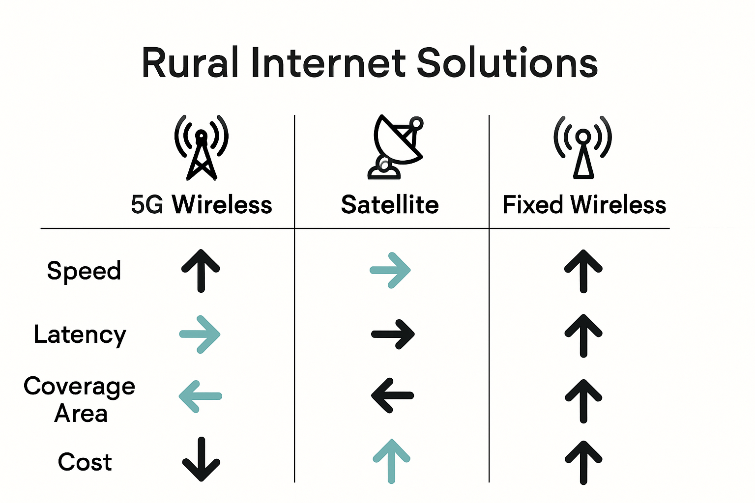 Infographic comparing 5G, satellite, and fixed wireless for rural internet