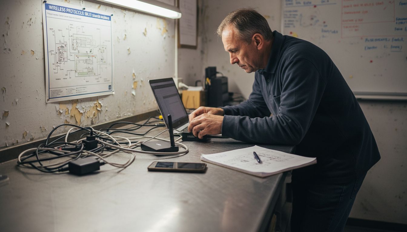 Technician connecting WiFi hotspot and laptop