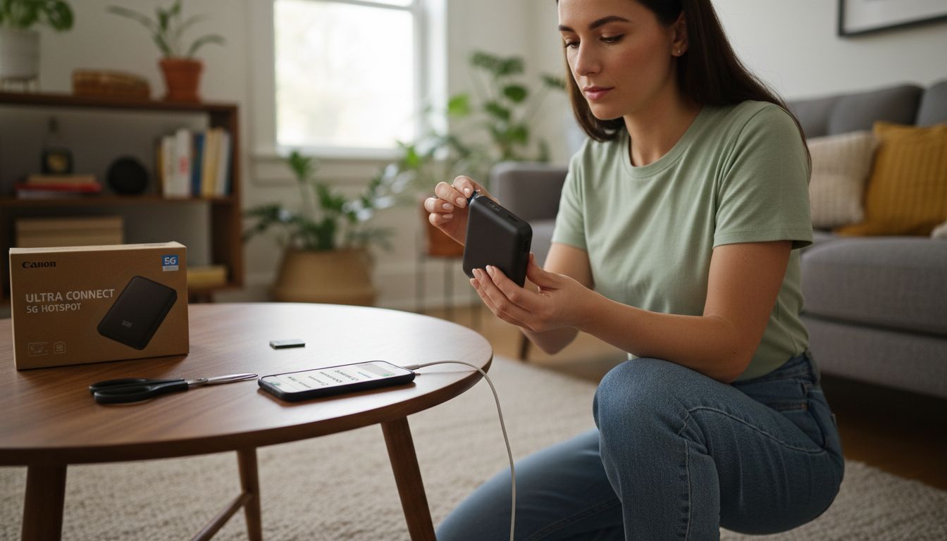Woman inserting SIM card into hotspot