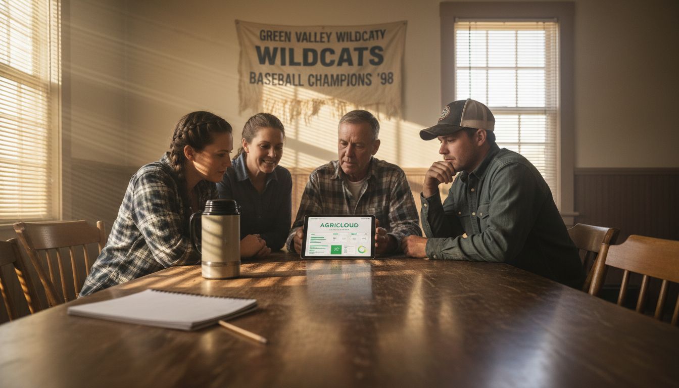 Rural business team reviewing cloud farm data