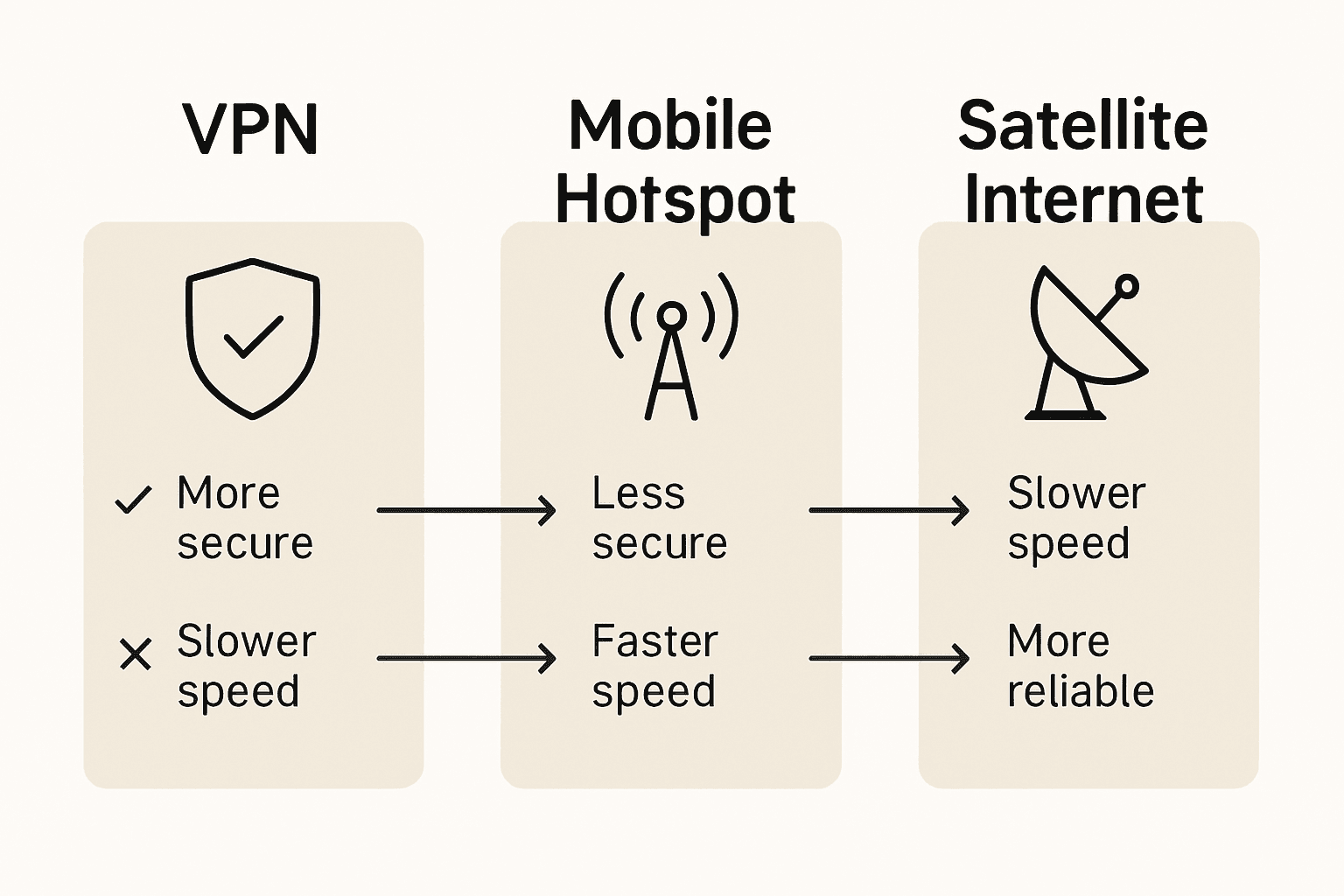 Infographic comparing VPNs, hotspots, satellite Internet