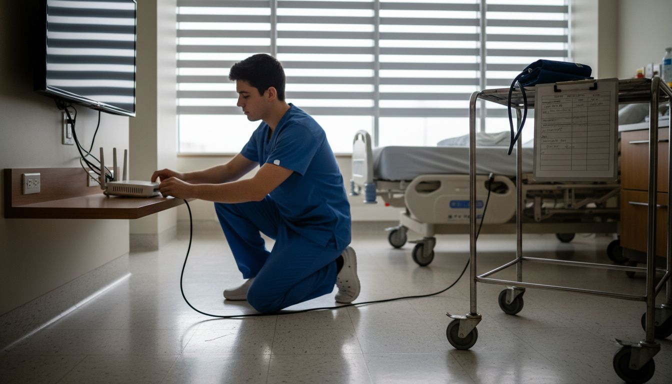 Technician setting up router in hospital room
