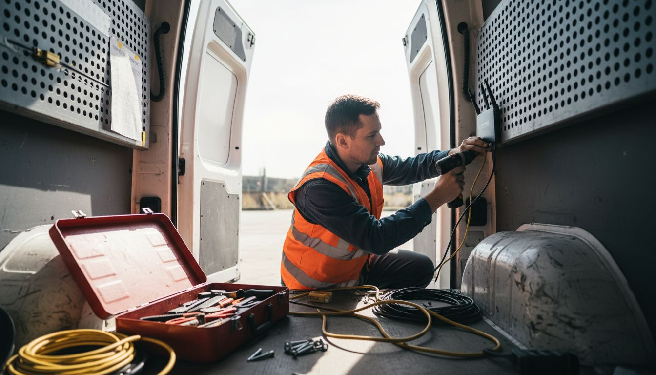 Technician installs mobile device in van interior