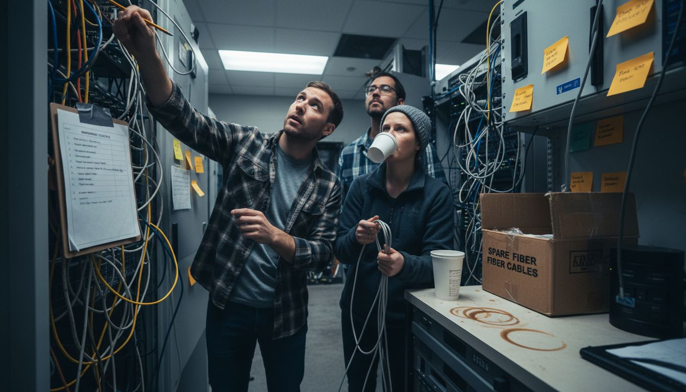 Network engineers monitor server equipment together
