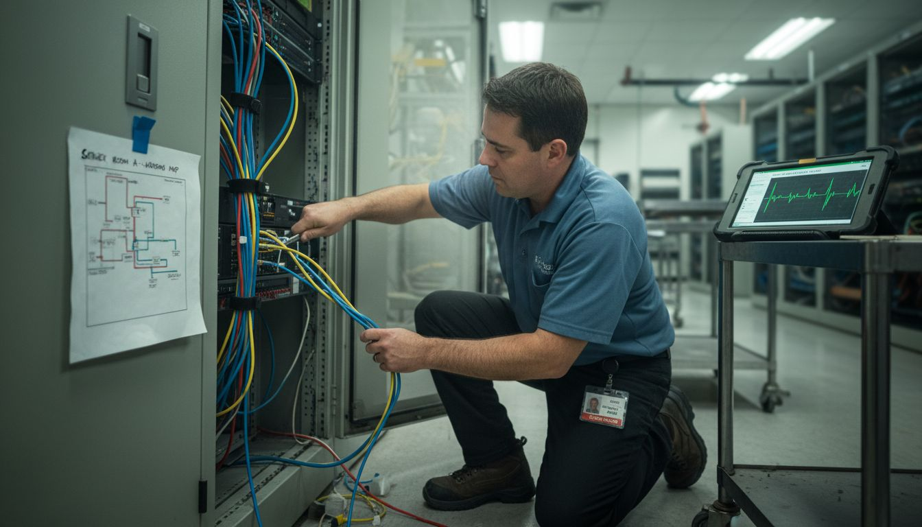 Technician maintaining fiber optic connections