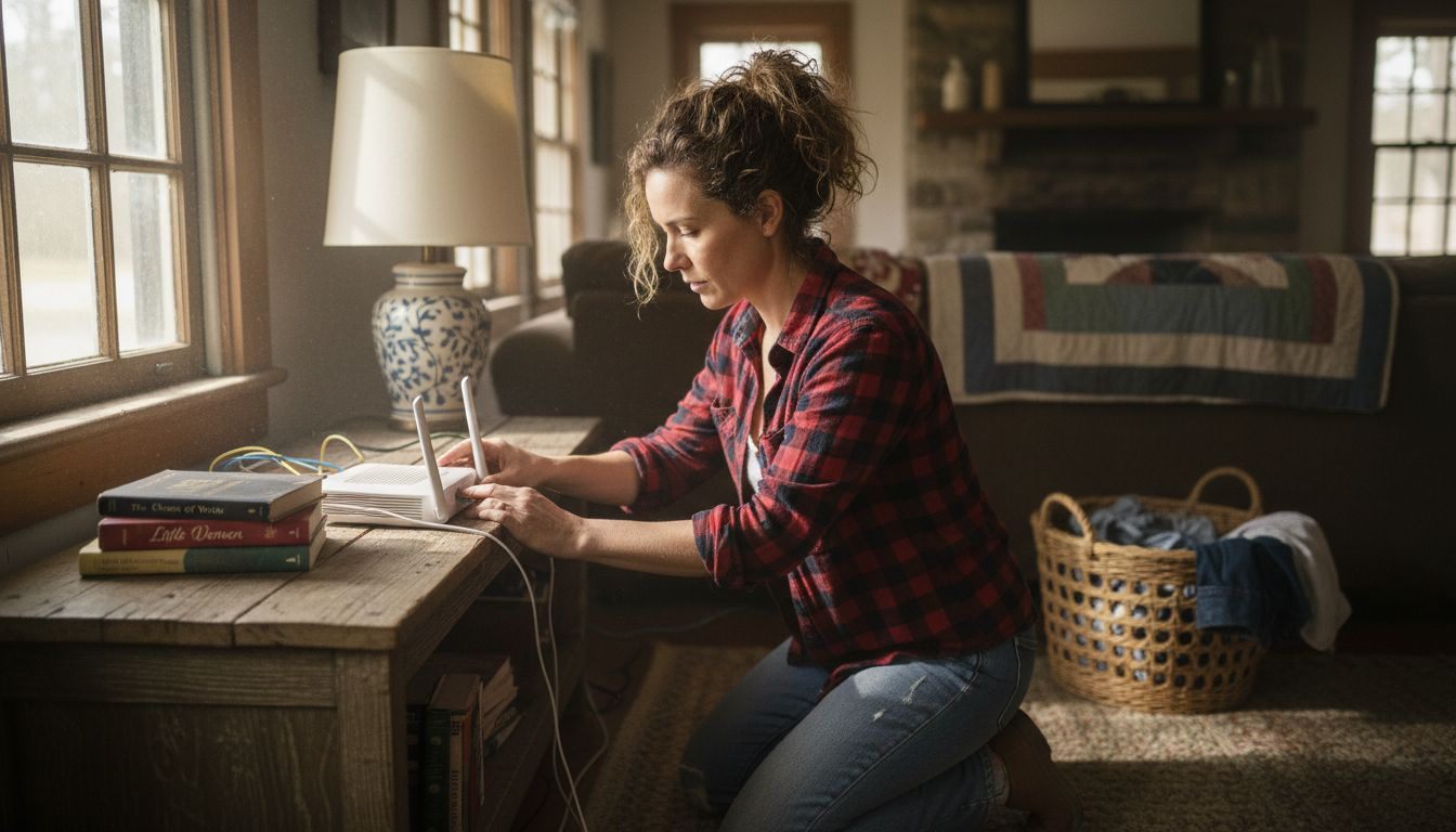 Woman plugging in modem on farmhouse shelf