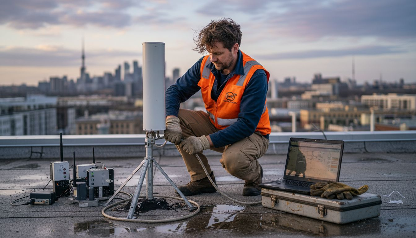 Engineer working with 5G and IoT rooftop setup