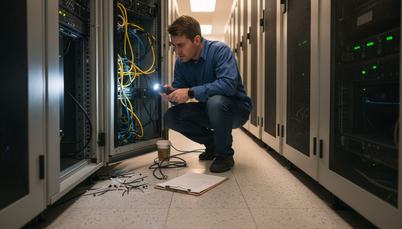 Technician checks cables in server rack