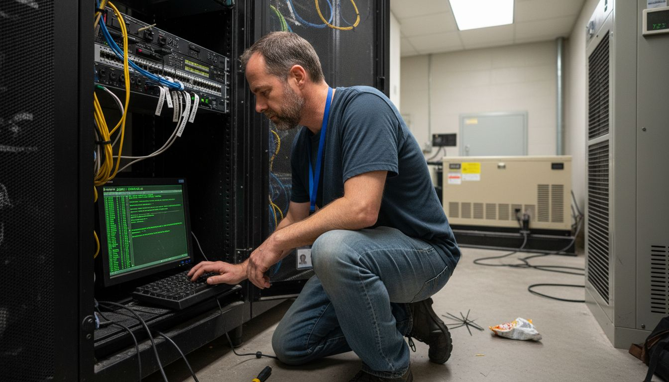 Network admin checks LTE security in server room