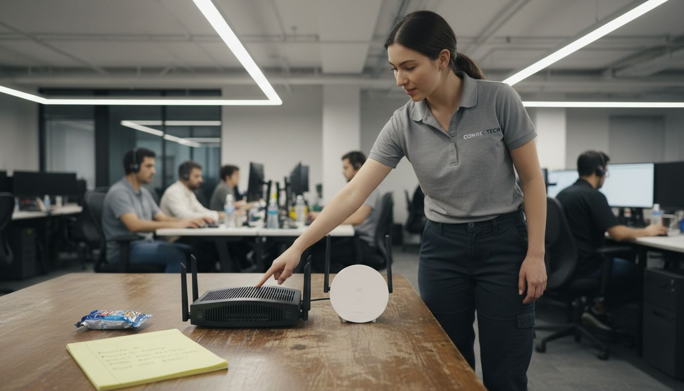 Technician compares consumer and business routers