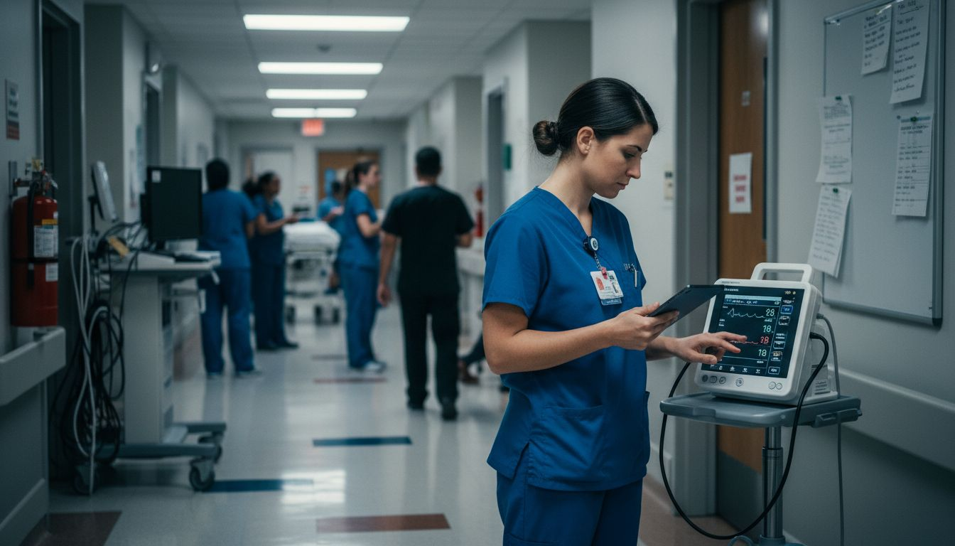 Nurse using secure tablet in hospital hallway
