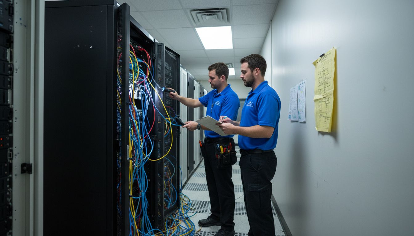 Technicians maintaining hospital server infrastructure