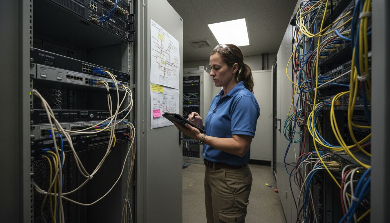 Technician inspecting private network server room