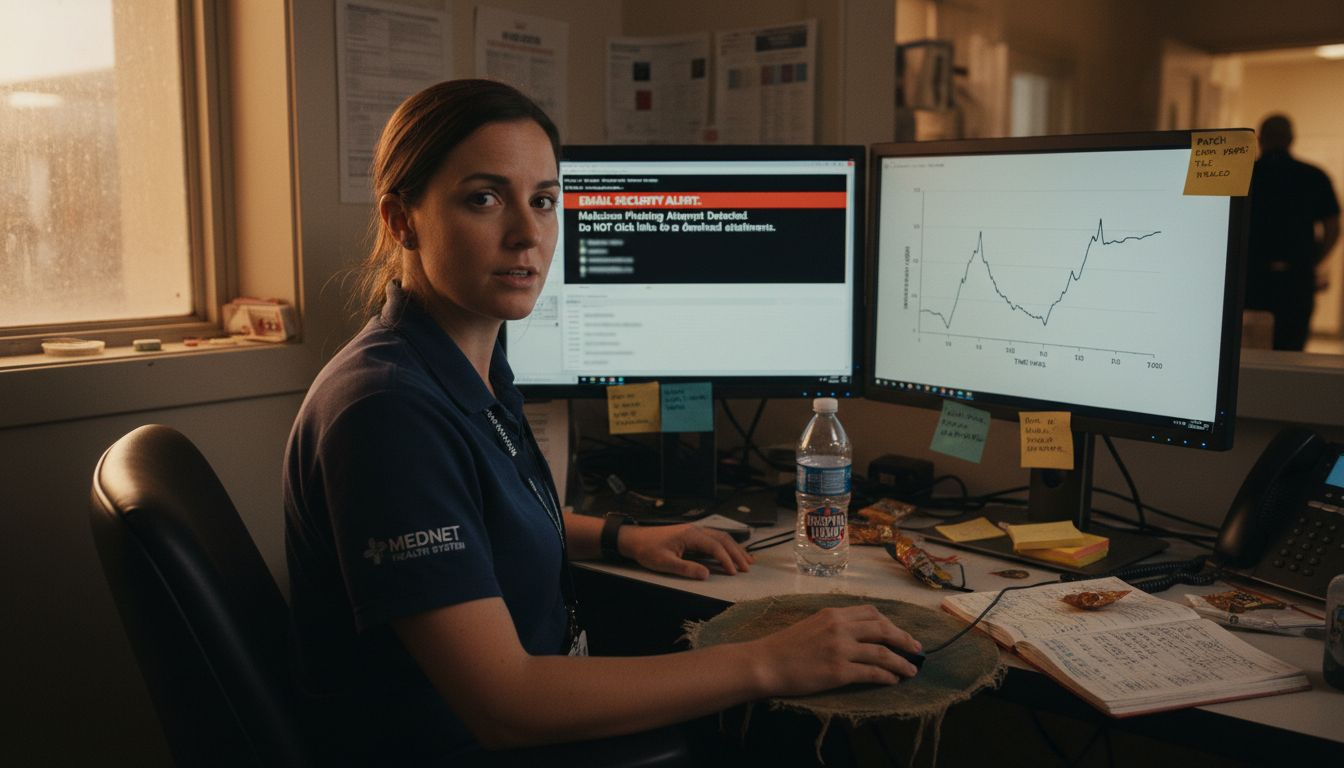 Healthcare technician responding to cybersecurity alert