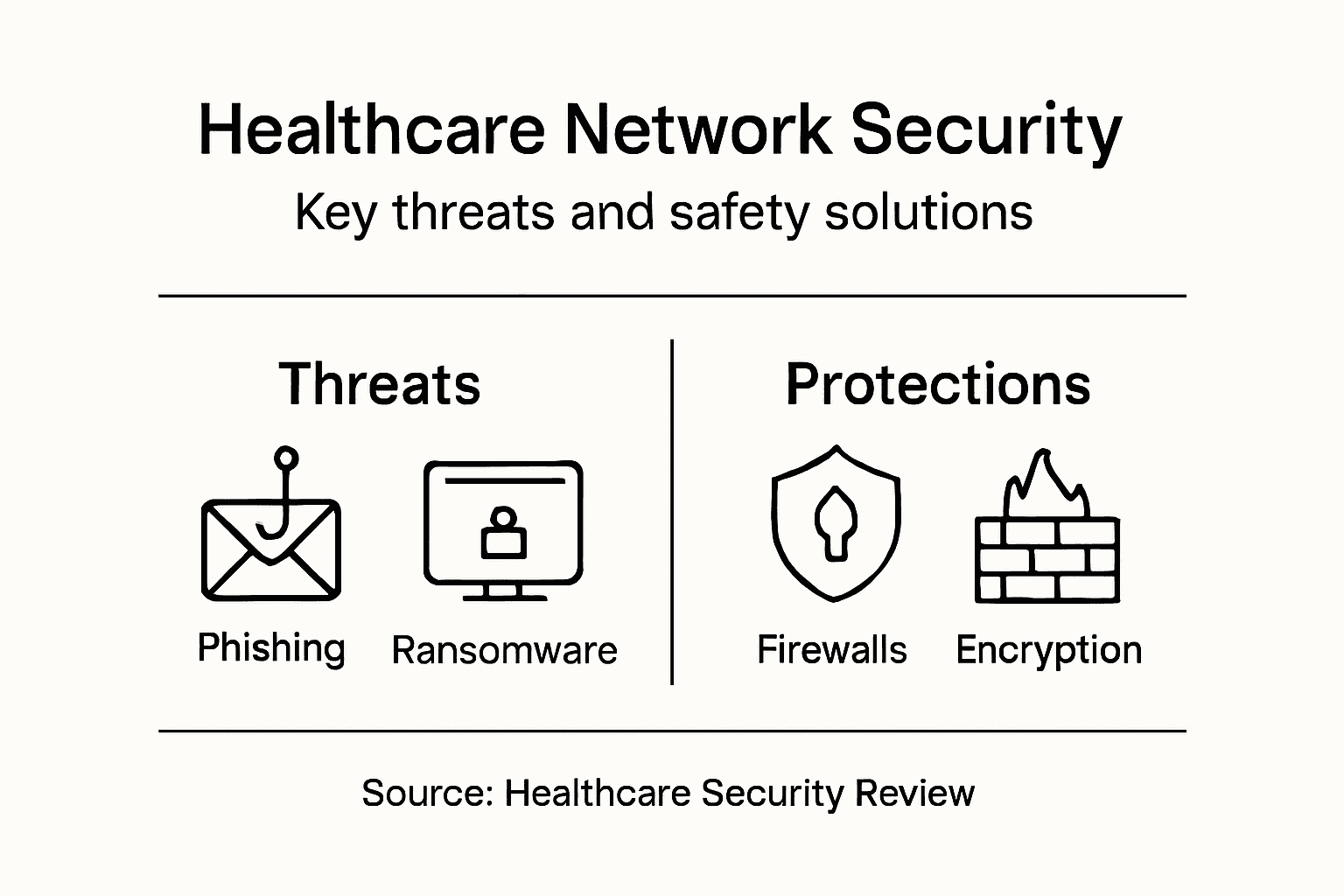 Infographic on key threats and protections for healthcare network security