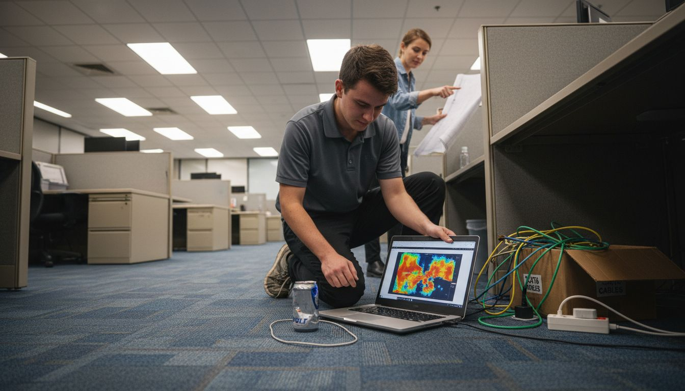 Technician planning office WiFi with heatmap
