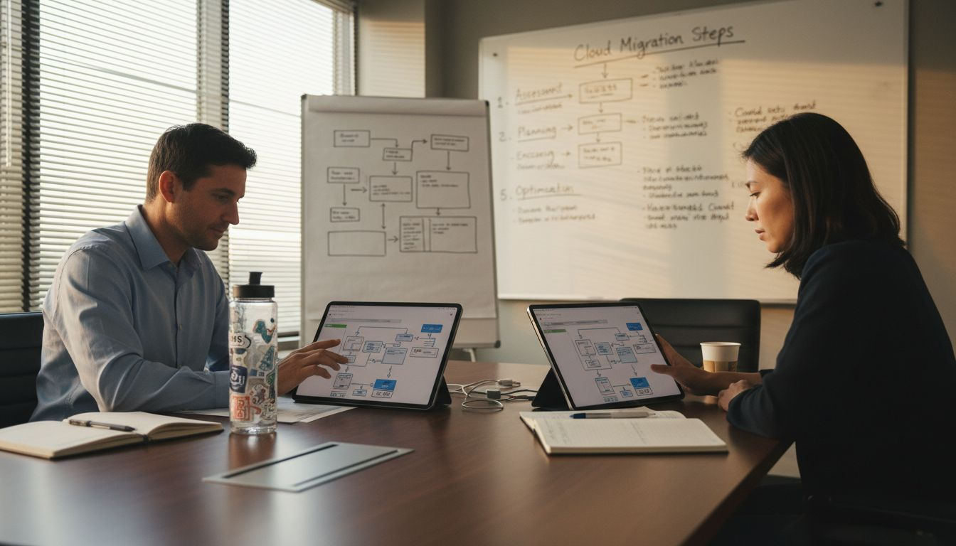 Business analysts review cloud infrastructure